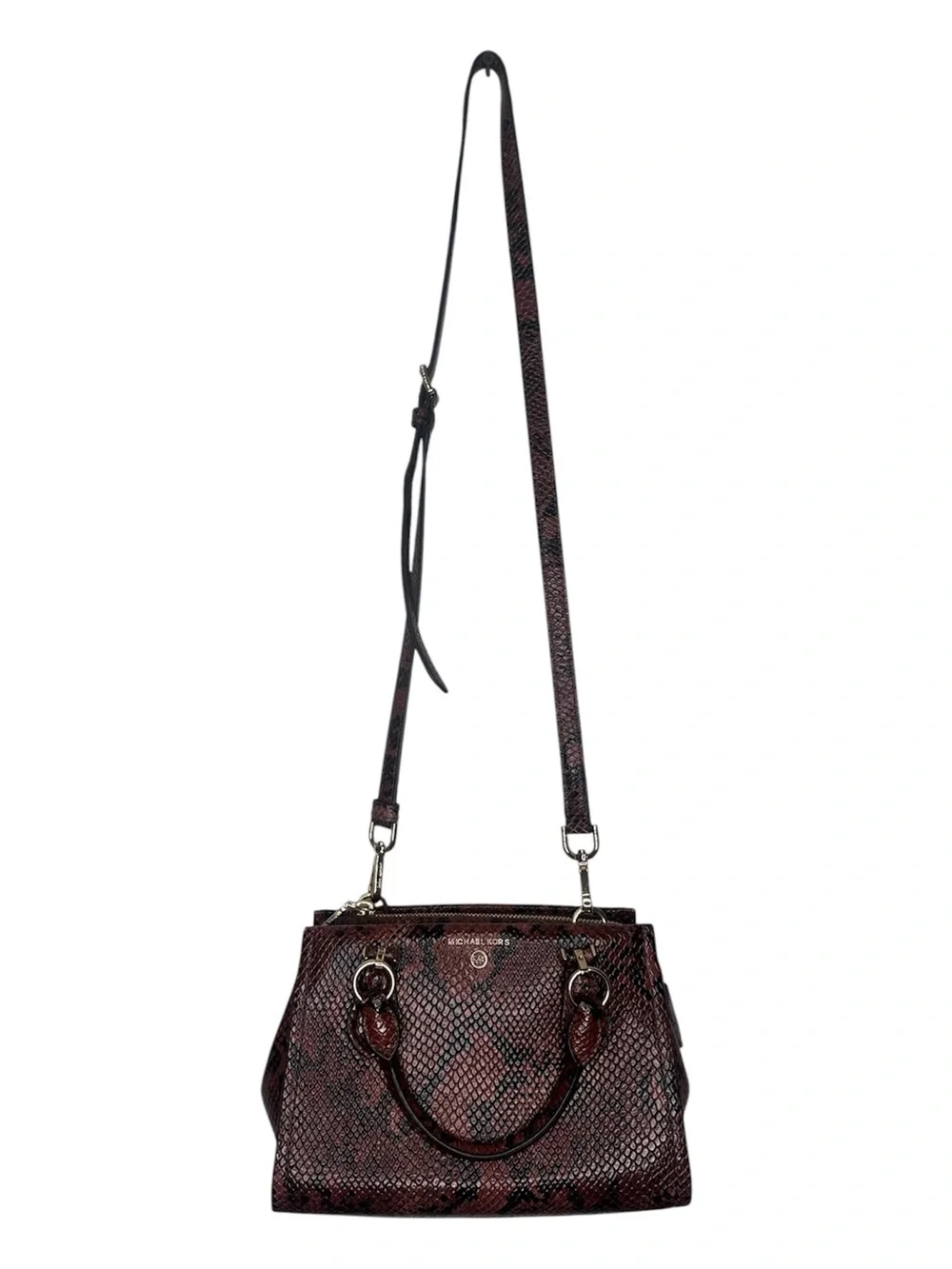 Michael Kors Burgundy Snake-Print Satchel with Gold Hardware